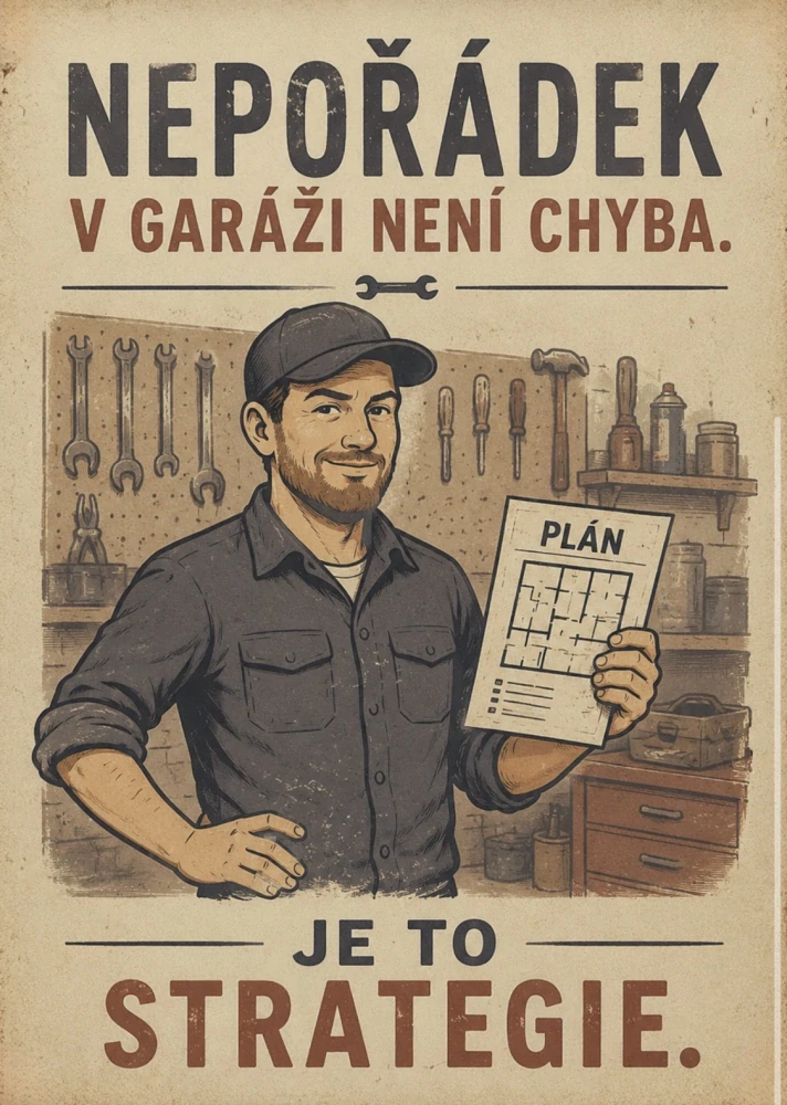 Plechová cedulka - nepořádek v garáži