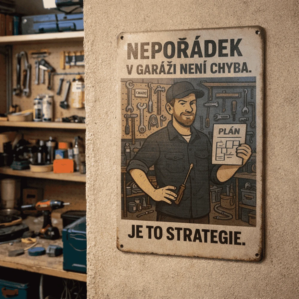 Plechová cedulka - nepořádek v garáži