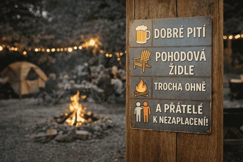 Plechová cedulka - dobré pití, pohodlná židle,...