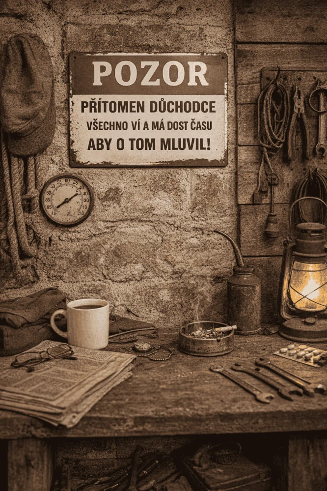 Plechová cedulka - Pozor přítomen důchodce...