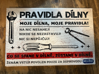 Plechová cedule PRAVIDLA DÍLNY 28,5x18,5 cm