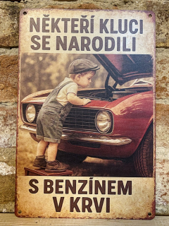 Plechová cedulka - benzín v krvi