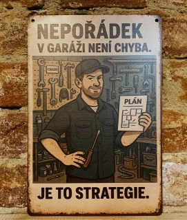 Plechová cedulka - nepořádek v garáži 